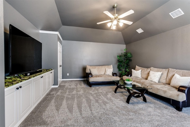 17712 Meadow Grove Ln, Dallas, TX 75287 - living area featuring light colored carpet, a ceiling fan, and vaulted ceiling