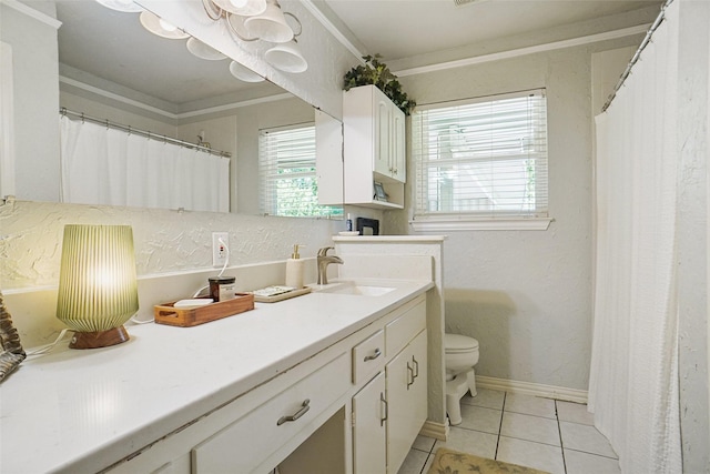 5428 Sabelle Ln, Haltom City, TX 76117 - full bathroom with vanity, tile patterned flooring, ornamental molding, and curtained shower