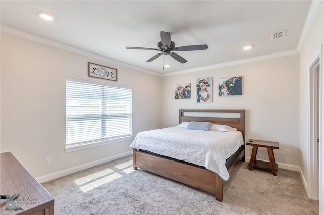 7309 Wildflower Way, Abilene, TX 79602 - bedroom with crown molding, light colored carpet, recessed lighting, and ceiling fan