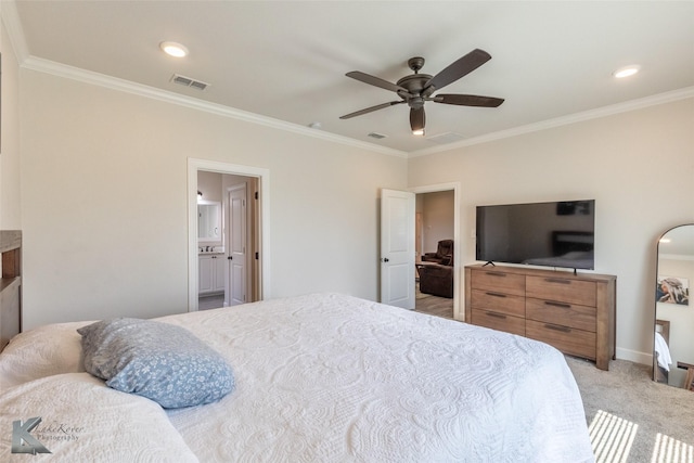 7309 Wildflower Way, Abilene, TX 79602 - bedroom with ornamental molding, light carpet, a ceiling fan, and ensuite bath