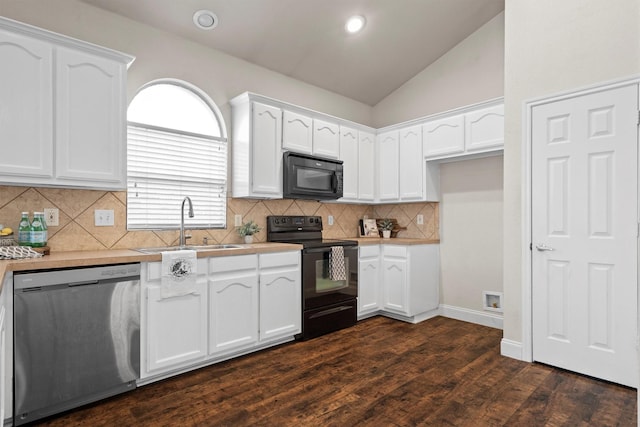 60 N Highland Dr, Sanger, TX 76266 - kitchen featuring black appliances, white cabinetry, vaulted ceiling, dark wood-type flooring, and tasteful backsplash