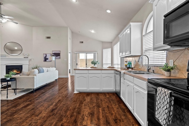 60 N Highland Dr, Sanger, TX 76266 - kitchen with black appliances, a glass covered fireplace, open floor plan, a peninsula, and lofted ceiling