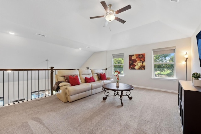 216 Shadow Creek Ln, Hickory Creek, TX 75065 - living room featuring a ceiling fan, vaulted ceiling, carpet floors, and recessed lighting