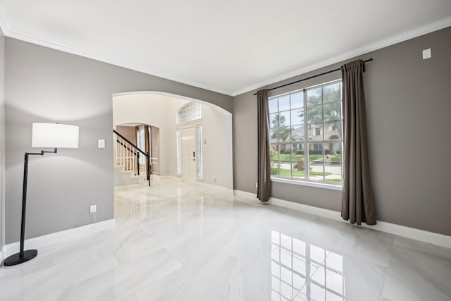 433 Willow Bend Dr, Murphy, TX 75094 - tiled empty room with arched walkways, ornamental molding, and stairway
