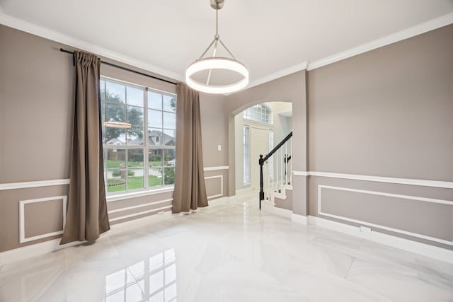 433 Willow Bend Dr, Murphy, TX 75094 - spare room with arched walkways, crown molding, stairs, and light marble finish floors