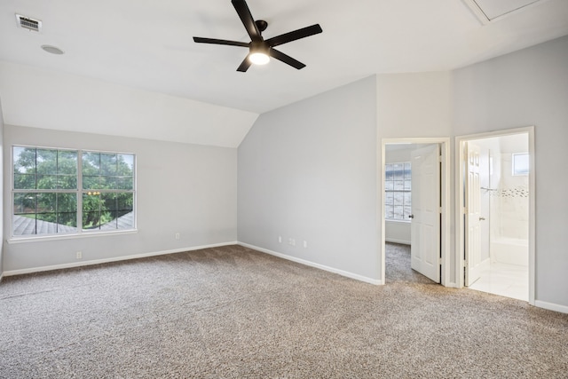 433 Willow Bend Dr, Murphy, TX 75094 - unfurnished bedroom with carpet floors, lofted ceiling, ensuite bathroom, attic access, and ceiling fan