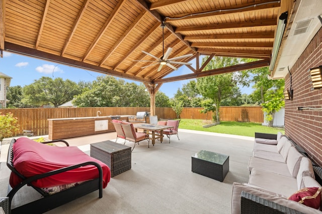 433 Willow Bend Dr, Murphy, TX 75094 - fenced backyard with an outdoor hangout area, a ceiling fan, and a patio area