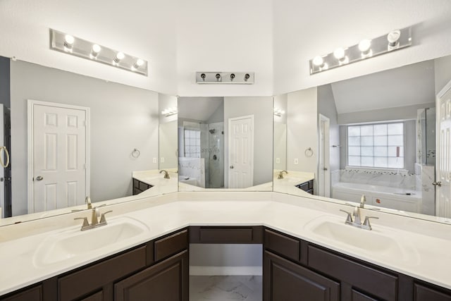433 Willow Bend Dr, Murphy, TX 75094 - full bathroom featuring a shower stall, double vanity, marble finish floors, and a garden tub