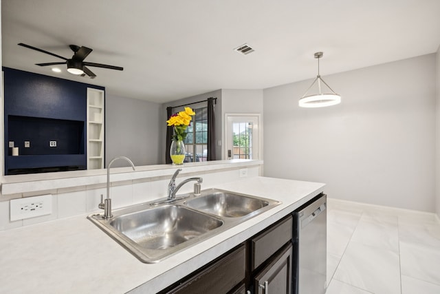 433 Willow Bend Dr, Murphy, TX 75094 - kitchen with stainless steel dishwasher, light countertops, a ceiling fan, and decorative light fixtures