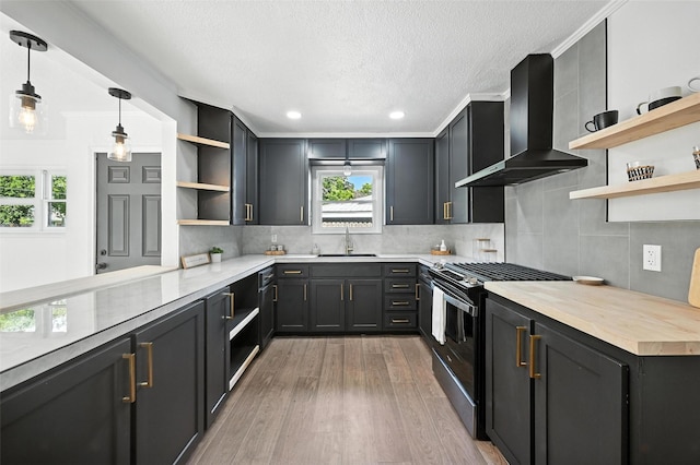 5416 Purington Ave, Fort Worth, TX 76112 - kitchen with open shelves, wall chimney exhaust hood, black range with gas stovetop, a textured ceiling, and backsplash