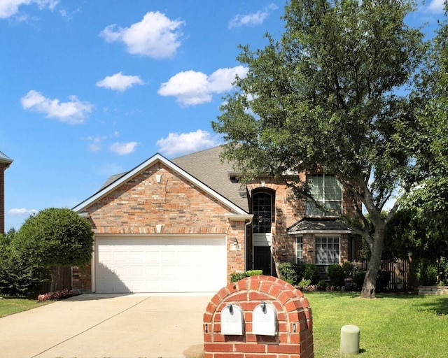 13317 Spinning Glen St, Fort Worth, TX 76040 - view of front of house featuring driveway, a garage, a front yard, brick siding, and roof with shingles