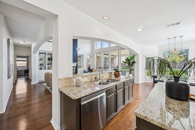 5725 Gerber Ter, Plano, TX 75094 - kitchen with dishwasher, light stone counters, dark wood-style floors, pendant lighting, and open floor plan