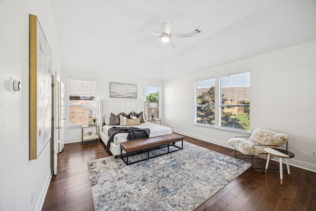 5725 Gerber Ter, Plano, TX 75094 - bedroom featuring multiple windows, dark wood-style flooring, vaulted ceiling, and ceiling fan