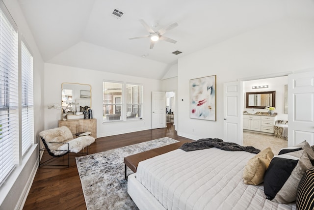 5725 Gerber Ter, Plano, TX 75094 - bedroom featuring vaulted ceiling, wood finished floors, ensuite bath, and a ceiling fan