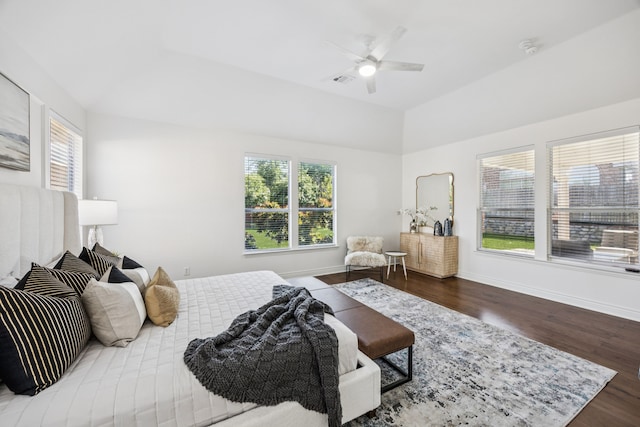 5725 Gerber Ter, Plano, TX 75094 - bedroom with multiple windows, wood finished floors, lofted ceiling, and ceiling fan