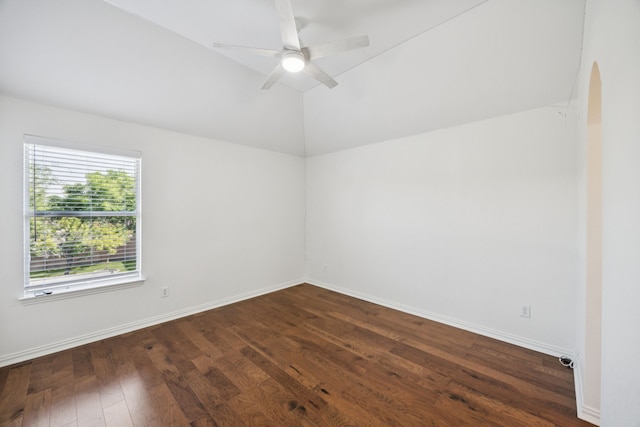 5725 Gerber Ter, Plano, TX 75094 - spare room with lofted ceiling, a ceiling fan, and dark wood-style flooring