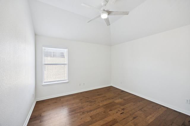 5725 Gerber Ter, Plano, TX 75094 - empty room with dark wood finished floors, ceiling fan, and lofted ceiling