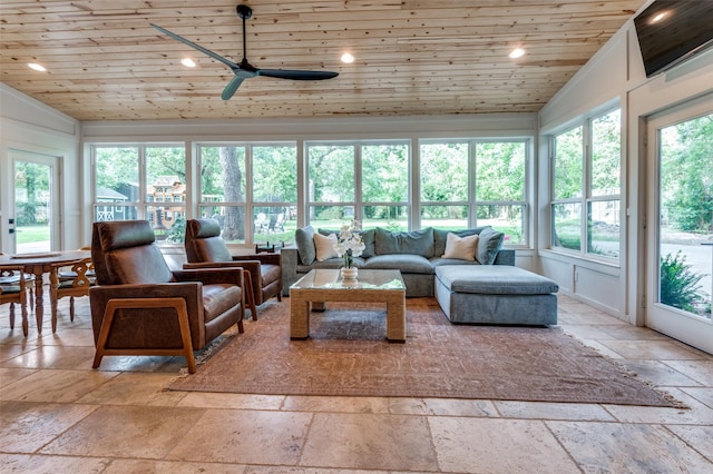 3700 Red Oak Dr, Corinth, TX 76208 - living room featuring wood ceiling, stone tile floors, recessed lighting, and a ceiling fan