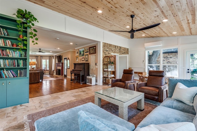 3700 Red Oak Dr, Corinth, TX 76208 - living area featuring a ceiling fan, an AC wall unit, plenty of natural light, wooden ceiling, and recessed lighting