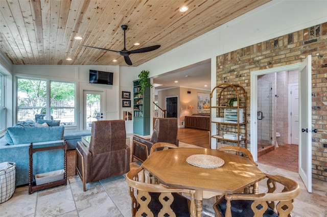 3700 Red Oak Dr, Corinth, TX 76208 - dining space with ceiling fan, wooden ceiling, brick wall, recessed lighting, and ornamental molding