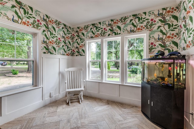 3700 Red Oak Dr, Corinth, TX 76208 - sitting room with wallpapered walls, ornamental molding, plenty of natural light, a decorative wall, and a wainscoted wall