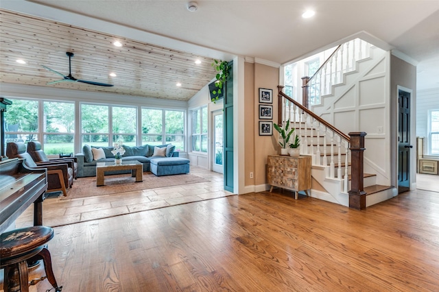3700 Red Oak Dr, Corinth, TX 76208 - living room with light wood-type flooring, recessed lighting, ceiling fan, stairway, and vaulted ceiling