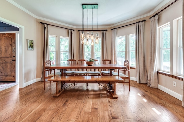 3700 Red Oak Dr, Corinth, TX 76208 - dining room featuring healthy amount of natural light, light wood-style flooring, ornamental molding, and a chandelier