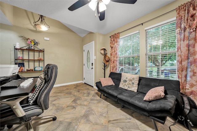 1032 Hampton Dr, Forney, TX 75126 - office with lofted ceiling, ceiling fan, and stone finish floors