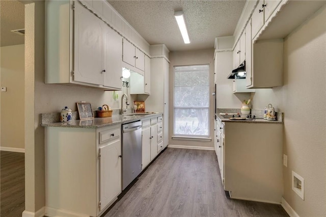 7820 Kermit Ave, Fort Worth, TX 76116 - kitchen featuring stainless steel dishwasher, light wood-type flooring, under cabinet range hood, white cabinets, and a textured ceiling