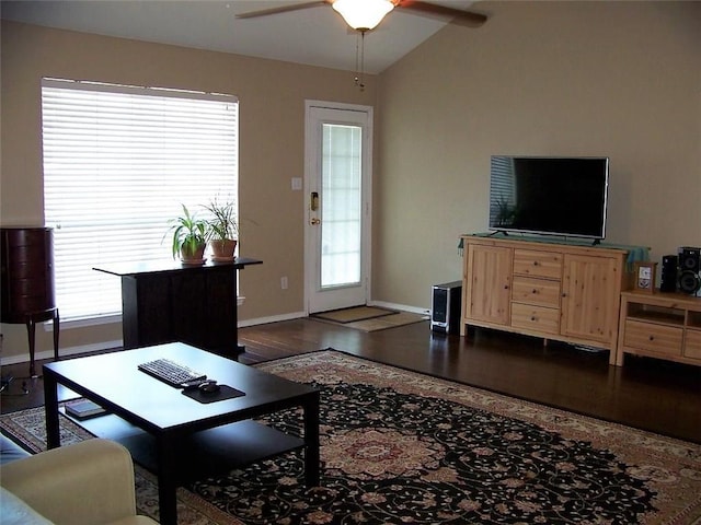 7215 Fossil Hill Dr, Arlington, TX 76002 - living area with ceiling fan, dark wood-type flooring, and lofted ceiling