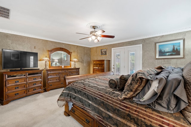 10707 Ferndale Rd, Dallas, TX 75238 - bedroom featuring light colored carpet, access to outside, ceiling fan, and ornamental molding
