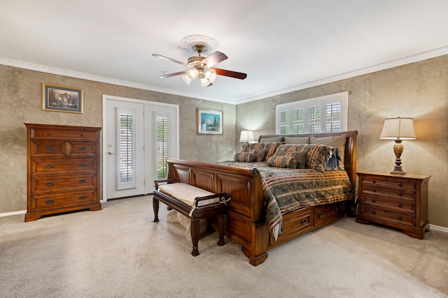 10707 Ferndale Rd, Dallas, TX 75238 - bedroom featuring access to outside, light colored carpet, crown molding, and ceiling fan
