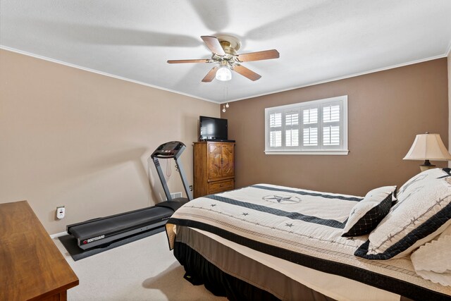 10707 Ferndale Rd, Dallas, TX 75238 - carpeted bedroom with crown molding and a ceiling fan