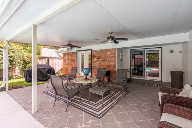 10707 Ferndale Rd, Dallas, TX 75238 - view of patio featuring french doors, ceiling fan, and a grill