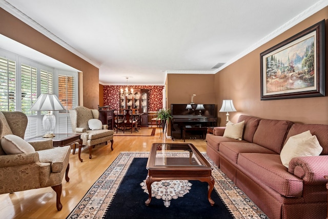 10707 Ferndale Rd, Dallas, TX 75238 - living area with light wood-style flooring, crown molding, and a chandelier