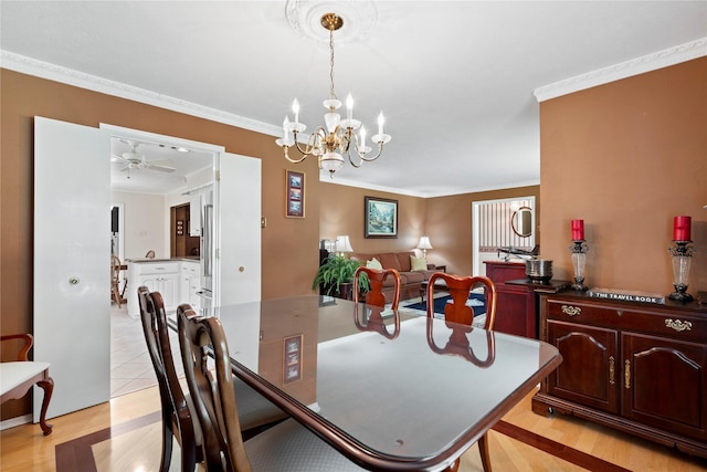 10707 Ferndale Rd, Dallas, TX 75238 - dining room featuring ornamental molding, a chandelier, light wood-type flooring, and a ceiling fan