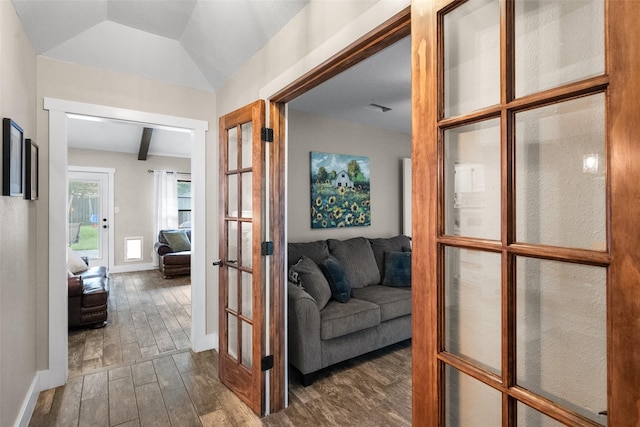 1322 Chestnut Rd, Mansfield, TX 76063 - hallway with french doors, dark wood-style flooring, and vaulted ceiling