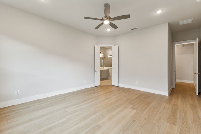 4505 N Summit View Dr, Mckinney, TX 75071 - unfurnished bedroom with light wood finished floors, recessed lighting, ensuite bath, and ceiling fan