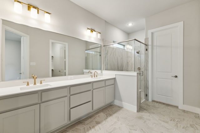 4505 N Summit View Dr, Mckinney, TX 75071 - full bathroom featuring double vanity, a shower stall, marble finish floors, and recessed lighting