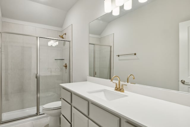 4505 N Summit View Dr, Mckinney, TX 75071 - bathroom with vanity, a stall shower, and vaulted ceiling