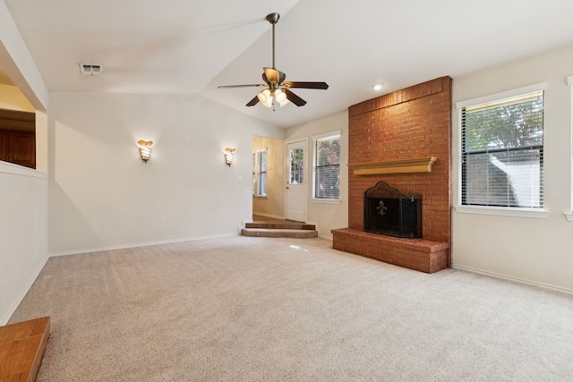 5602 Overridge Dr, Arlington, TX 76017 - unfurnished living room with carpet floors, vaulted ceiling, healthy amount of natural light, and ceiling fan