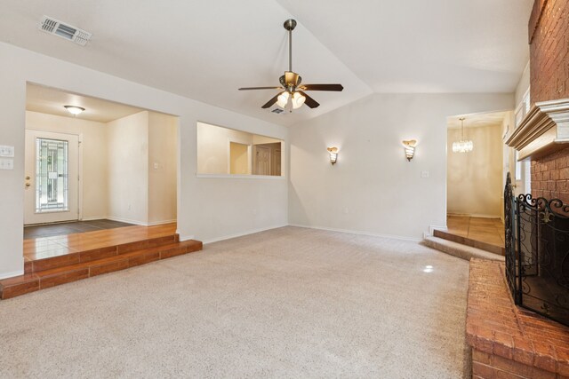 5602 Overridge Dr, Arlington, TX 76017 - unfurnished living room with a ceiling fan, lofted ceiling, carpet, and a chandelier