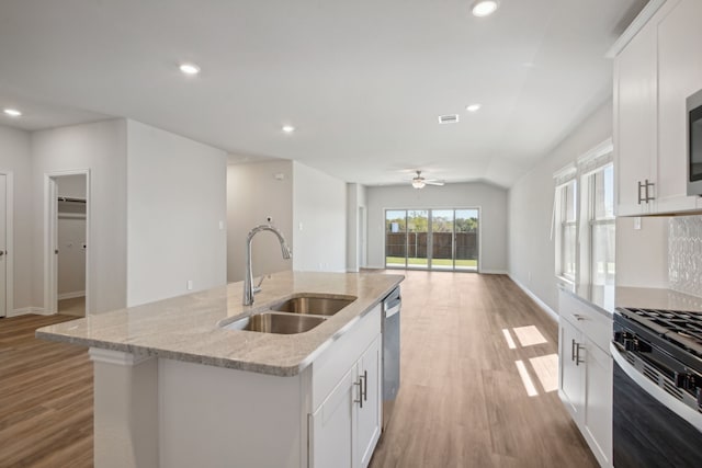 117 Whitlow Dr, Princeton, TX 75071 - kitchen featuring stainless steel appliances, light wood-style flooring, a kitchen island with sink, open floor plan, and recessed lighting