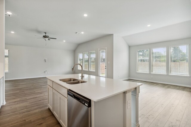1422 Golden Meadow Dr, Van Alstyne, TX 75495 - kitchen featuring open floor plan, stainless steel dishwasher, lofted ceiling, wood finished floors, and recessed lighting