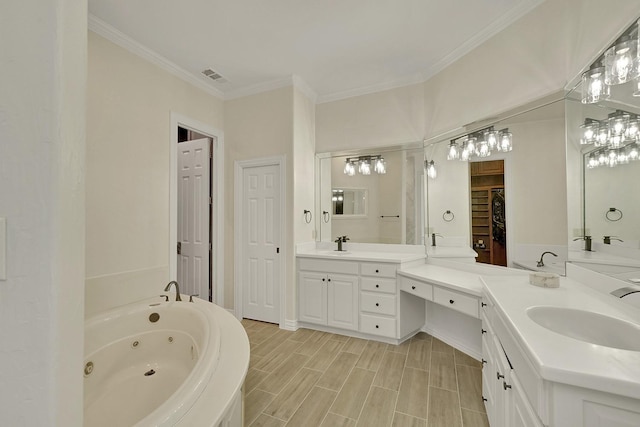 10111 Bluffview Cir, Pilot Point, TX 76258 - full bathroom with a jetted tub, two vanities, a closet, and crown molding