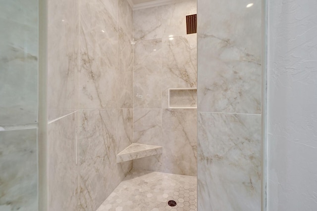 10111 Bluffview Cir, Pilot Point, TX 76258 - bathroom featuring tiled shower and crown molding