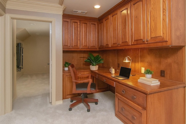 10111 Bluffview Cir, Pilot Point, TX 76258 - office with built in study area, light carpet, crown molding, and recessed lighting