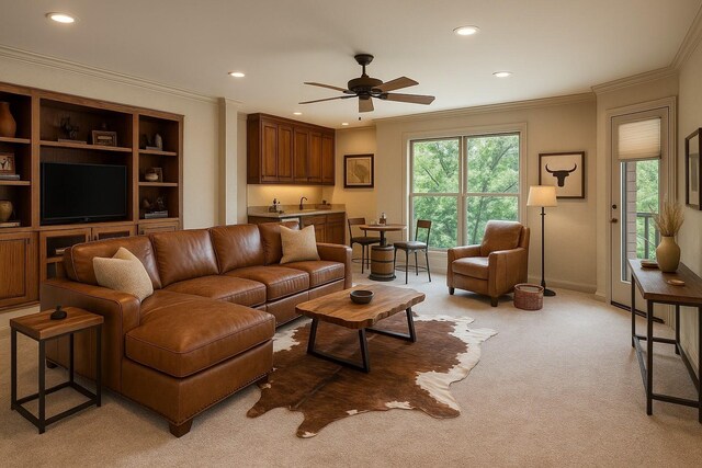 10111 Bluffview Cir, Pilot Point, TX 76258 - living room featuring recessed lighting, a ceiling fan, light colored carpet, and ornamental molding