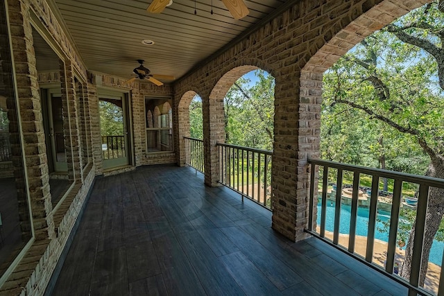 10111 Bluffview Cir, Pilot Point, TX 76258 - wooden terrace with a ceiling fan and an outdoor pool