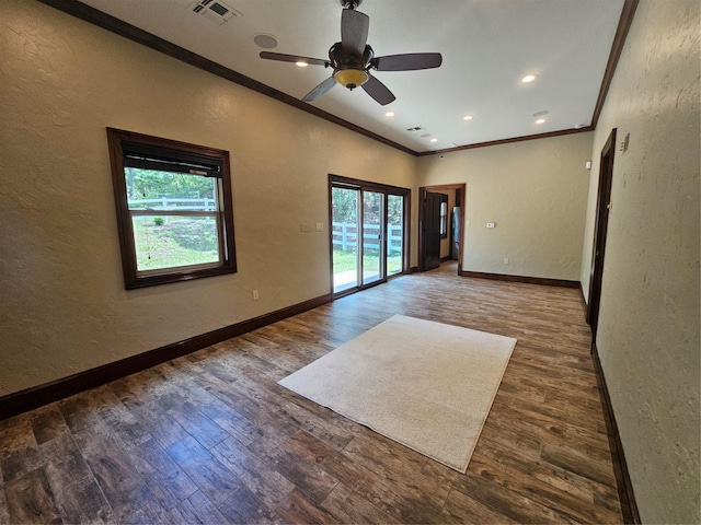 10111 Bluffview Cir, Pilot Point, TX 76258 - empty room featuring a textured wall, ornamental molding, wood finished floors, a ceiling fan, and recessed lighting
